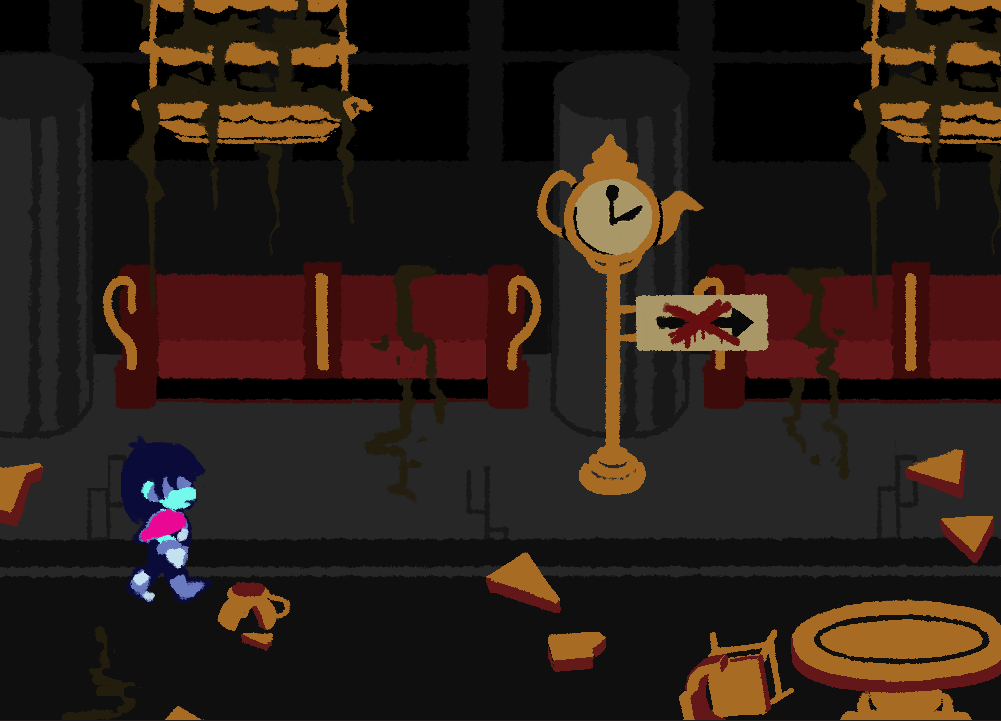 Concept art. Kris roams a dark, quiet, abandoned train station with tea-themed couches and signs. The sign points to where Kris is headed, but it is crossed out.